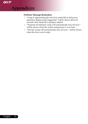 Page 3232English ...
Problem: Message Reminders
4“Lamp is approaching the end of its useful life in full power
operation. Replacement Suggested!” will be shown about 10
seconds when lamp life is going to deplete.
4“Projector Overheated. Lamp will automatically turn off soon.”
will be shown when the system temperature is over heat.
4“Fan fail. Lamp will automatically turn off soon.” will be shown
when the fan is out of order.
Appendices   