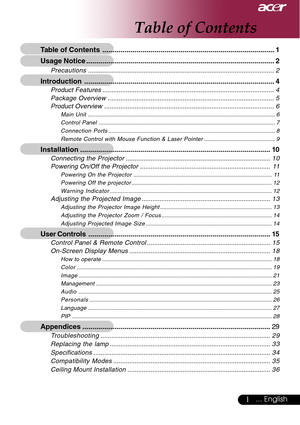 Page 11... English
Table of Contents
Table of Contents ...................................................................................... 1
Usage Notice.............................................................................................. 2
Precautions........................................................................................................ 2
Introduction............................................................................................... 4
Product...