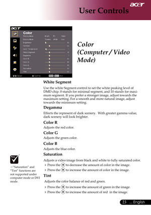 Page 25
... English

User Controls

White Segment
Use	the	white	Segment	control	to	set	the	white	peaking	level	of	
DMD	chip.	0	stands	for	minimal	segment,	and	10	stands	for	maxi-
mum	segment.	If	you	prefer	a	stronger	image,	adjust	towards	the	
maximum	setting.	For	a	smooth	and	more	natural	image,	adjust	
towards	the	minimum	setting.
Degamma
Effects	the	represent	of	dark	scenery.		With	greater	gamma	value,	
dark	scenery	will	look	brighter.
Color R
Adjusts	the	red	color.	
Color G
Adjusts	the	green...