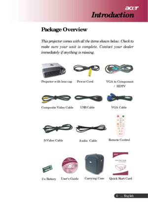 Page 5 ... English
5
Package Overview
This projector comes with all the items shown below. Check to
make sure your unit is complete. Contact your dealer
immediately if anything is missing.
Introduction
Projector with lens cap Power Cord
Composite Video CableUSB Cable
2 x BatteryS-Video Cable
Remote Control
Carrying Case
User’s GuideQuick Start CardAudio  CableVGA to Component
/ HDTV
VGA Cable 