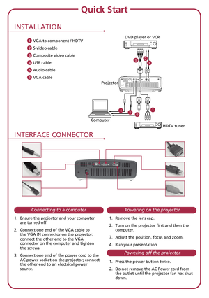 Page 1DVD player or VCR
HDTV tuner
Computer
Projector
1
1
23
456
Quick Start
1  VGA to component / HDTV
2  S-video cable
3  Composite video cable
4  USB cable
5  Audio cable
6  VGA cable
1.  Ensure the projector and your computer are turned off.
2.  Connect one end of the VGA cable to the VGA IN connector on the projector; connect the other end to the VGA connector on the computer and tighten the screws.
3.  Connect one end of the power cord to the AC power socket on the projector; connect the other end to an...