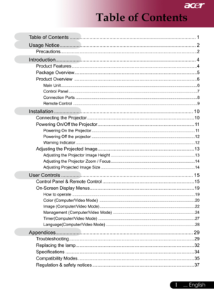 Page 3
... English

Table of Contents
Table of Contents ........................................................................\
.................1
Usage Notice  ........................................................................\
........................2
Precautions........................................................................\
...................................2
Introduction........................................................................\
...........................4
Product...