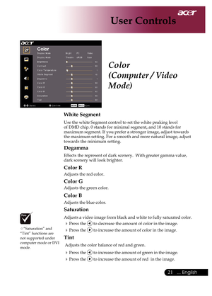 Page 23
... English

User Controls

White Segment
Use	the	white	Segment	control	to	set	the	white	peaking	level	
of	DMD	chip.	0	stands	for	minimal	segment,	and	10	stands	for	
maximum	segment.	If	you	prefer	a	stronger	image,	adjust	towards	
the	maximum	setting.	For	a	smooth	and	more	natural	image,	adjust	
towards	the	minimum	setting.
Degamma
Effects	the	represent	of	dark	scenery.		With	greater	gamma	value,	
dark	scenery	will	look	brighter.
Color R
Adjusts	the	red	color.	
Color G
Adjusts	the	green	color....