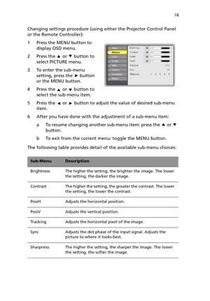 Page 23 18
Changing settings procedure (using either the Projector Control Panel 
or the Remote Controller):
1 Press the MENU button to 
display OSD menu.
2 Press the   or   button to 
select PICTURE menu.
3 To enter the sub-menu 
setting, press the   button 
or the MENU button.
4 Press the   or   button to 
select the sub-menu item.
5 Press the   or   button to adjust the value of desired sub-menu 
item.
6 After you have done with the adjustment of a sub-menu item:
a To resume changing another sub-menu item:...