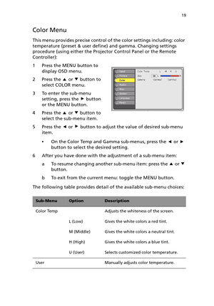 Page 2419
Color Menu
This menu provides precise control of the color settings including: color 
temperature (preset & user define) and gamma. Changing settings 
procedure (using either the Projector Control Panel or the Remote 
Controller):
1 Press the MENU button to 
display OSD menu.
2 Press the   or   button to 
select COLOR menu.
3 To enter the sub-menu 
setting, press the   button 
or the MENU button.
4 Press the   or   button to 
select the sub-menu item.
5 Press the   or   button to adjust the value of...