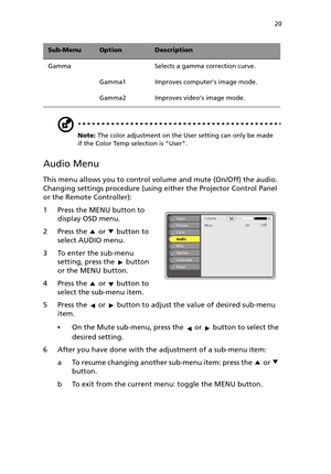 Page 25 20
Note: The color adjustment on the User setting can only be made 
if the Color Temp selection is User.
Audio Menu
This menu allows you to control volume and mute (On/Off) the audio. 
Changing settings procedure (using either the Projector Control Panel 
or the Remote Controller):
1 Press the MENU button to 
display OSD menu.
2 Press the   or   button to 
select AUDIO menu.
3 To enter the sub-menu 
setting, press the   button 
or the MENU button.
4 Press the   or   button to 
select the sub-menu item....