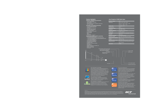 Page 2Acer Projector S1200 Quick Spec 
Projection system  DLP
® 
Resolution  Native: XGA (1,024 x 768)
  Maximum: UXGA (1,600 x 1,200),
  WSXGA+ (1,680 x 1,050)
Aspect ratio  4:3 (native), 16:9
Contrast ratio  2000:1
Displayable colors  134 million colors
Brightness  2500 ANSI Lumens
Projection distance  1.6 (0.5m) ~ 12.0 (3.7m)
Throw ratio  82@1m (0.60:1)
Lamp type  Osram 200 W user replaceable P-VIP lamp
Lamp life  4000 hours
Keystone correction  ±40 degrees (vertical)
Projection mode  Front, rear,...