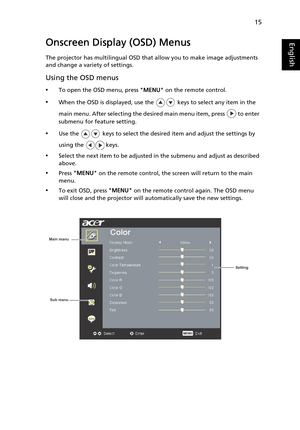 Page 2715
EnglishOnscreen Display (OSD) Menus
The projector has multilingual OSD that allow you to make image adjustments 
and change a variety of settings.
Using the OSD menus
•To open the OSD menu, press MENU on the remote control.
•When the OSD is displayed, use the   keys to select any item in the 
main menu. After selecting the desired main menu item, press   to enter 
submenu for feature setting.
•Use the   keys to select the desired item and adjust the settings by 
using the   keys.
•Select the next item...