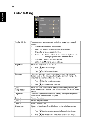 Page 2816
English
Color setting
Display ModeThere are many factory presets optimized for various types of 
images.
•Standard: For common environment.
•Video: For playing video in a bright environment.
•Bright: For brightness optimization.
•Blackboard: Blackboard mode can improve displayed color 
when you project onto darker surfaces.
•Utilizador 1: Memorize user’s settings.
•Utilizador 2: Memorize user’s settings.
BrightnessAdjust the brightness of the image.
•Press   to darken image.
•Press   to lighten the...