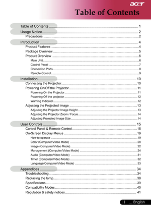Page 3
1... English
Table of Contents
Table of Contents .........................................................................................1
Usage Notice ................................................................................................2
Precautions ..........................................................................................................2
Introduction ..................................................................................................4
Product Features...