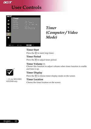 Page 34
User Controls
32English ...

 Timer
(Computer / Video 
Mode)
Timer Start
Press the  to start/stop timer.
Timer Period
Press the  to adjust timer period.
Timer Volume (*)
Choose  this  function  to  adjust  volume  when  timer  function  is  enable 
and time is up. 
Timer Display
Press the  to choose timer display mode on the screen.
Timer Location
Choose the timer location on the screen.
 (*): for XD1150D/ XD1250D only.      