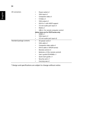 Page 46
34
English
* Design and specifications are subject to change without notice.
I/O connectors•Power socket x1
•VGA input x1
•Composite video x1
•S-Video x1
•VGA output x1
•DVI-D x1: with HDCP support
•3.5 mm audio jack input x1
•RS232 x1
•USB x1: for remote computer control
Below items are for P5270 series only:
•HDMI x 1
•VGA input x 2
•3.5 mm audio jack input x2
Standard package contents
•AC power cord x1
•VGA cable x1
•Composite video cable x1
•DVI-D cable x1 (P5270 series)
•Remote control x1...
