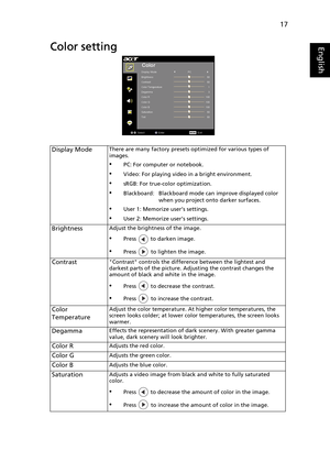 Page 2917
EnglishColor setting
Display ModeThere are many factory presets optimized for various types of 
images.
•PC: For computer or notebook.
•Video: For playing video in a bright environment.
•sRGB: For true-color optimization.
•Blackboard: Blackboard mode can improve displayed color 
when you project onto darker surfaces.
•User 1: Memorize user’s settings.
•User 2: Memorize user’s settings.
BrightnessAdjust the brightness of the image.
•Press   to darken image.
•Press   to lighten the image....