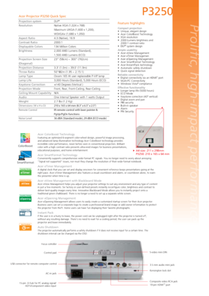Page 2
Acer Projector P3250 Quick Spec 
Projection system  DLP
® 
Resolution  Native XGA (1,024 x 768)
  Maximum UXGA (1,600 x 1,200), 
  WSXGA+ (1,680 x 1,050)
Aspect Ratio  4:3 (Native), 16:9
Contrast Ratio  2000:1
Displayable Colors  134 Million Colors
Brightness  2,000 ANSI Lumens (Standard), 
  1,500 ANSI Lumens (ECO)
Projection Screen Size  23 (58cm) ~ 300 (762cm)
(Diagonal)
Projection Distance  3.3 (1.0m) ~ 39.0 (11.9m)
Throw Ratio  50@2m (1.95 ~ 2.15:1)
Lamp Type  Osram 165 W user replaceable P-VIP...