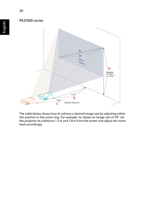 Page 3220
English
P5370W series
The table below shows how to achieve a desired image size by adjusting either 
the position or the zoom ring. For example: to obtain an image size of 50 set 
the projector at a distance 1.7 m and 1.8 m from the screen and adjust the zoom 
level accordingly.
Desired Distance
HeightForm base to 
top of image
1.8m1.7m
50Desired
image size
A
CD
B 