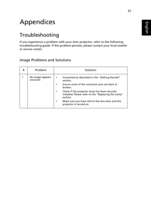 Page 4331
EnglishAppendices
Troubleshooting
If you experience a problem with your Acer projector, refer to the following 
troubleshooting guide. If the problem persists, please contact your local reseller 
or service center.
Image Problems and Solutions
# Problem Solution
1 No image appears 
onscreen•Connected as described in the Getting Started 
section.
•Ensure none of the connector pins are bent or 
broken.
•Check if the projector lamp has been securely 
installed. Please refer to the Replacing the Lamp...