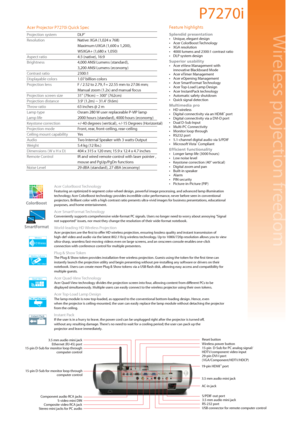 Page 2P7270i
Feature highlights
Splendid presentation
•  Unique, elegant design
•  Acer ColorBoost Technology
•  XGA resolution
•  4000 lumens and 2300:1 contrast ratio  
•  DLP system design
Superior usability
•  Acer eView Management with 
  innovative Blackboard Mode
•  Acer eTimer Management
•  Acer eOpening Management
•  Acer SmartFormat Technology
•  Acer Top-Load Lamp Design
•  Acer InstantPack technology
•  Automatic safety shutdown 
•  Quick signal detection
Multimedia pro
•  HD wireless
•  Digital...