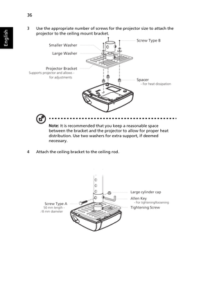 Page 4836
English
3 Use the appropriate number of screws for the projector size to attach the 
projector to the ceiling mount bracket.
Note: It is recommended that you keep a reasonable space 
between the bracket and the projector to allow for proper heat 
distribution. Use two washers for extra support, if deemed 
necessary.
4 Attach the ceiling bracket to the ceiling rod.
Screw Type B
Smaller Washer
Large Washer
Projector Bracket
Supports projector and allows -   
  for adjustments     
Spacer
    - For heat...