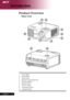 Page 8
English ...
English ...

Introduction

Main Unit
Product Overview
1.	 Focus	Ring
2.	 Zoom	Ring
3.	 Zoom	Lens
4.	 Remote	Control	Receiver
5.	 Elevator	Button
6.	 Elevator	Foot	
7.	 Power		Socket
8.	 Connection	Ports
9.	 Control	Panel
2
5
8
1
	7
4
6
3
9
4 