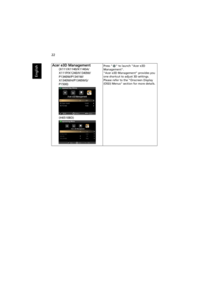 Page 3222
English
Acer e3D ManagementPress   to launch Acer e3D 
Management.
Acer e3D Management provides you 
one shortcut to adjust 3D settings. 
Please refer to the Onscreen Display 
(OSD) Menus section for more details.(X111/X1140/X1140A/
X111P/X1240/X1340W/
P1340W/P1341W/
X1340WH/P1340WG/
P1500)
(H6510BD) 