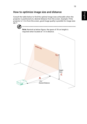 Page 2313
EnglishHow to optimize image size and distance
Consult the table below to find the optimal image sizes achievable when the 
projector is positioned at a desired distance from the screen. Example: If the 
projector is 1.5 m from the screen, good image quality is possible for image sizes 
49.7.
Note: Remind as below figure, the space of 70 cm height is 
required when located at 1.5 m distance.
screen size
49.7screen size
49.79.7
AC
1.5m
Desired Distance
Height: 
70cm 