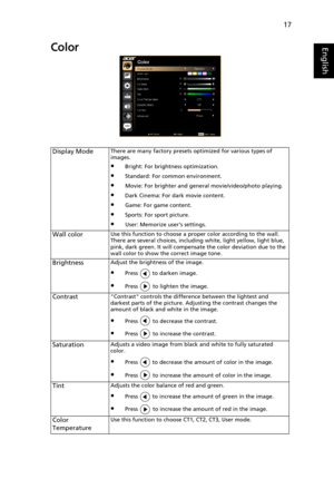 Page 2717
EnglishColor
Display ModeThere are many factory presets optimized for various types of 
images.
•Bright: For brightness optimization.
•Standard: For common environment.
•Movie: For brighter and general movie/video/photo playing.
•Dark Cinema: For dark movie content.
•Game: For game content.
•Sports: For sport picture.
•User: Memorize user’s settings.
Wall colorUse this function to choose a proper color according to the wall. 
There are several choices, including white, light yellow, light blue, 
pink,...