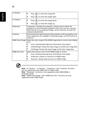 Page 3020
English
Note: H. Position, V. Position, Frequency and Tracking functions 
are not supported under HDMI, DVI or Video mode.
Note: Sharpness functions is not supported under HDMI (RGB) or 
Computer mode.
Note: HDMI Color Range and HDMI Scan Info functions are only 
supported under HDMI mode. H. Position
•Press   to move the image left.
•Press   to move the image right.
V. Position
•Press   to move the image down.
•Press   to move the image up.
Frequency Frequency changes the projectors refresh rate to...