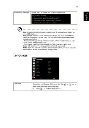 Page 3323
English
Note: It needs correct settings on graphic card 3D application program for 
correct 3D display.
Note: The SW players, such as Stereoscopic Player and DDD TriDef Media 
Player can support 3D format files. You can download these three players 
on web page below,
- Stereoscopic Player (Trial): http://www.3dtv.at/Downloads/Index_en.aspx
- DDD TriDef Media Player (Trial): 
http://www.tridef.com/download/TriDef-3-D-Experience-4.0.2.html
Note: 3D Sync Invert is only available when 3D is enabled....