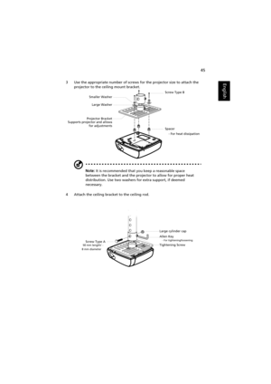 Page 5545
English3 Use the appropriate number of screws for the projector size to attach the 
projector to the ceiling mount bracket.
Note: It is recommended that you keep a reasonable space 
between the bracket and the projector to allow for proper heat 
distribution. Use two washers for extra support, if deemed 
necessary.
4 Attach the ceiling bracket to the ceiling rod.
-   
Smaller Washer
Projector BracketLarge Washer
Supports projector and allows
for adjustmentsScrew Type B
Spacer
    - For heat...
