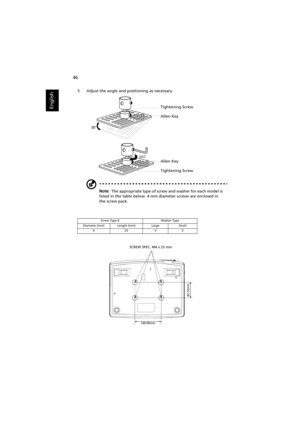 Page 56   46
English
5 Adjust the angle and positioning as necessary.
Note:  The appropriate type of screw and washer for each model is 
listed in the table below. 4 mm diameter screws are enclosed in 
the screw pack.
Screw Type B Washer Type
Diameter (mm) Length (mm) Large Small
425VV
Tightening Screw
Allen Key
Tightening Screw Allen Key
³140.00mm
82.52mm
SCREW SPEC. M4 x 25 mm 