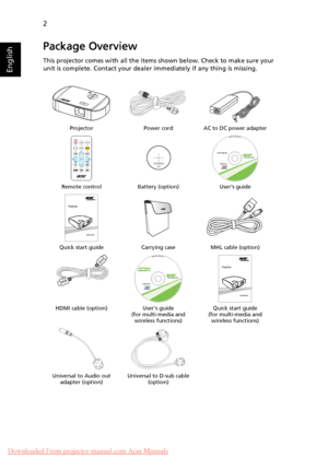 Page 122
English
Package Overview
This projector comes with all the items shown below. Check to make sure your 
unit is complete. Contact your dealer immediately if any thing is missing.
Projector Power cord AC to DC power adapter
Remote control Battery (option) Users guide
Quick start guide Carrying case  MHL cable (option)
HDMI cable (option) Users guide 
(for multi-media and 
wireless functions)Quick start guide
(for multi-media and 
wireless functions)
Universal to Audio out 
adapter (option)Universal to...