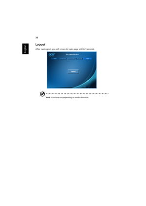 Page 4838
English
Logout
After tap Logout, you will return to login page within 5 seconds.
Note: Functions vary depending on model definition. 