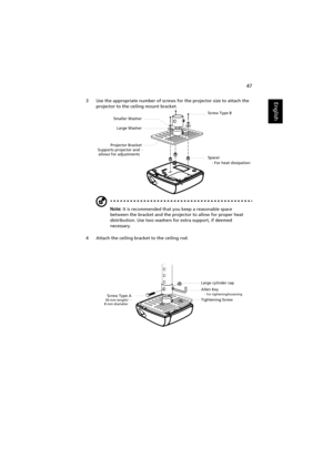 Page 5747
English3 Use the appropriate number of screws for the projector size to attach the 
projector to the ceiling mount bracket.
Note: It is recommended that you keep a reasonable space 
between the bracket and the projector to allow for proper heat 
distribution. Use two washers for extra support, if deemed 
necessary.
4 Attach the ceiling bracket to the ceiling rod.
-   
Smaller Washer
Projector BracketLarge Washer
Supports projector and
allows for adjustmentsScrew Type B
Spacer
- For heat dissipation
-...