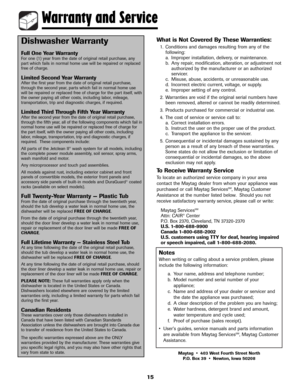 Page 1615
Dishwasher Warranty
Full One Year WarrantyFor one (1) year from the date of original retail purchase, any
part which fails in normal home use will be repaired or replaced
free of charge.
Limited Second Year WarrantyAfter the first year from the date of original retail purchase,
through the second year, parts which fail in normal home use
will be repaired or replaced free of charge for the part itself, with
the owner paying all other costs, including labor, mileage,
transportation, trip and diagnostic...