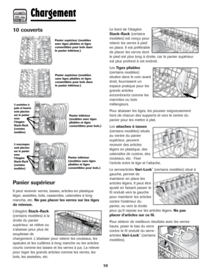 Page 2019
10 couverts
Panier supérieur
Il peut recevoir verres, tasses, articles en plastique
léger, assiettes, bols, casseroles, ustensiles à long
manche, etc. Ne pas placer les verres sur les tiges
de retenue.
L’étagère Stack-Rack
(certains modèles) à la
droite du panier
supérieur, se relève ou
s'abaisse pour plus de
souplesse de
chargement. L'abaisser pour retenir les couteaux, les
spatules et les cuillères à long manche ou les articles
courts comme les tasses et les verres à jus. La relever
pour...