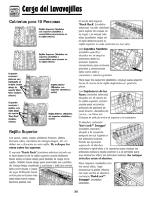 Page 3635
Cubiertos para 10 Personas
Rejilla Superior
Los vasos, tazas, copas, plásticos livianos, platos,
tazones, ollas, utensilios de mangos largos, etc. no
deben ser colocados en esta rejilla. No coloque los
vasos sobre los soportes
El soporte ‘Stack Rack’ (modelos selectos) situado en
el lado derecho de la rejilla superior puede doblarse
hacia arriba o hacia abajo para facilitar la carga de la
vajilla. Dóblelo hacia abajo para acomodar los cuchillos
de mango largo, espátulas y cucharas o artículos cortos...