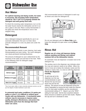 Page 76
Hot Water
For optimal cleaning and drying results, hot water
is necessary. The incoming water temperature
should be 120° F (49° C) to properly activate the
detergent and melt greasy food soils.
To check the incoming water temperature, turn on the
hot water faucet nearest the dishwasher and let it run
into a glass in the sink. Place a candy thermometer in
the glass and check the temperature once it has
stopped rising. 
Detergent
Use a detergent designed specifically for use in an
automatic dishwasher....