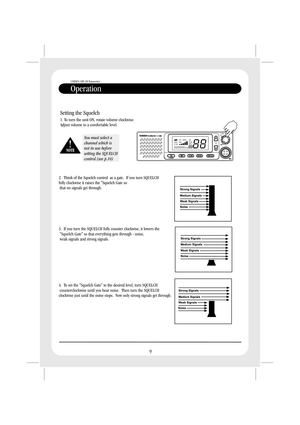 Page 112. Think of the Squelch control as a gate. If you turn SQUELCH
fully clockwise it raises the Squelch Gate so
that no signals get through.
3. If you turn the SQUELCH fully counter clockwise, it lowers the
Squelch Gate so that everything gets through - noise,
weak signals and strong signals.
4. To set the Squelch Gate to the desired level, turn SQUELCH
counterclockwise until you hear noise. Then turn the SQUELCH
clockwise just until the noise stops. Now only strong signals get through.
Operation
UNIDEN UHF...