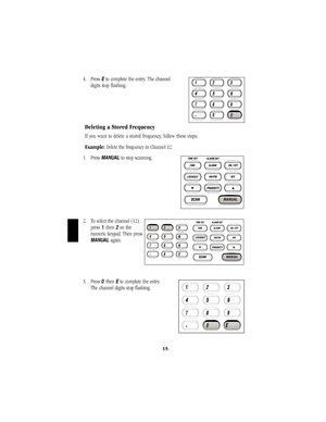 Page 184. Press Eto complete the entry. The channel             
digits stop flashing.
Deleting a Stored Frequency
If you want to delete a stored frequency, follow these steps:
Example:Delete the frequency in Channel 12. 
1. Press 
MANUALto stop scanning.                    
2. To select the channel (12),   
press 
1, then 2on the
numeric keypad. Then press
MANUALagain.
3. Press
0, then Eto complete the entry.          
The channel digits stop flashing.
15
BC244clt.qxd  3/11/99  12:00 PM  Page 15 