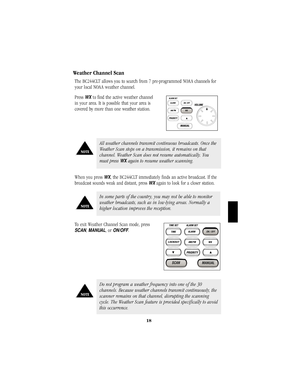 Page 2118
Weather Channel Scan
The BC244CLT allows you to search from 7 pre-programmed NOAA channels for
your local NOAA weather channel.
Press 
WXto find the active weather channel       
in your area. It is possible that your area is
covered by more than one weather station.
When you press 
WX, the BC244CLT immediately finds an active broadcast. If the
broadcast sounds weak and distant, press 
WX again to look for a closer station.
To exit Weather Channel Scan mode, press          
SCAN, MANUAL, or ON/OFF.
Do...