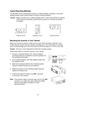 Page 1713
Typical Mounting Methods
The BC785D can be conveniently mounted on a table, bulkhead, overhead, or any other
desired location (refer to figure below for typical mounting methods).
Caution: Make sure there are no hidden electrical wires or other items behind the desired
location before proceeding. Check that free access for mounting and cabling 
is available.
Mounting the Scanner in Your Vehicle
Before you mount the scanner, make sure you have all the necessary materials. Then
confirm that the scanner...