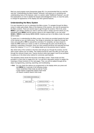 Page 2218
Next you must program some frequencies (page 26). It is recommended that you read the
next part Understanding the Menu System because it will assist you in accessing and
understanding many of the features. Later in a section called Additional Features, you will
find explanations on how to disable the keypad acknowledgement tones, to mute the audio,
to change the appearance of the display and other general features.
Understanding the Menu System
It is very important for you to understand the Menu...