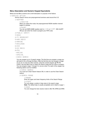 Page 23Menu Description and Numeric Keypad Equivalents
Below are the Menu screens and a brief description or purpose of the feature.
1:SERVICE  OPTION
Service Search menus are preprogrammed services used around the U.S.
1:WEATHER
1:MONITOR
When you select this mode, the preprogrammed NOAA weather channel
begins to activate.
2:ALERT
You can set NWR-SAME weather alert to 1:ONor 2:OFF. With ALERT
ON you can enter the mode to program your FIPS code.
2:PUBLIC  SAFETY
3:NEWS
4:TV  BROADCAST
5:HAM  RADIO
6:MARINE...