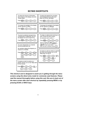 Page 84
321
33 2
31
2
3
E
22
391
1 31
1
341
/HOLD/HOLD5
15 5.
42
1
1
ID MEMORYselect
4
E
EE SCAN
E
MENU MENU
MENUMENU MENU
MENU
MENU
MENU
neat entry programming.
reenter
then by rotating the VFO control to 
enter the text and using /HOLD or 
LIMIT/ to the move cursor.
After the text is entered, press
This shortcut card is designed to assist you in getting through the menu
screens using the direct entry mode for commonly used features. Please
read the manual thoroughly before using this card. Be sure to...