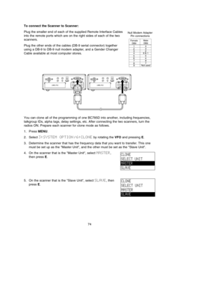 Page 7874
To connect the Scanner to Scanner:
Plug the smaller end of each of the supplied Remote Interface Cables
into the remote ports which are on the right sides of each of the two
scanners.
Plug the other ends of the cables (DB-9 serial connector) together
using a DB-9 to DB-9 null modem adapter, and a Gender Changer
Cable available at most computer stores.
You can clone all of the programming of one BC785D into another, including frequencies,
talkgroup IDs, alpha tags, delay settings, etc. After connecting...