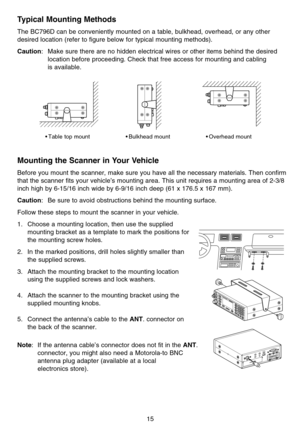 Page 21Typical Mounting Methods
The BC796D can be conveniently mounted on a table, bulkhead, overhead, or any other
desired location (refer to figure below for typical mounting methods).
Caution: Make sure there are no hidden electrical wires or other items behind the desired
location before proceeding. Check that free access for mounting and cabling 
is available.
Mounting the Scanner in Your Vehicle
Before you mount the scanner, make sure you have all the necessary materials. Then confirm
that the scanner...