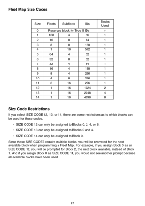 Page 7367
Fleet Map Size Codes
Size Code Restrictions
If you select SIZE CODE 12, 13, or 14, there are some restrictions as to which blocks can
be used for these codes.
•SIZE CODE 12 can only be assigned to Blocks 0, 2, 4, or 6.
•SIZE CODE 13 can only be assigned to Blocks 0 and 4.
•SIZE CODE 14 can only be assigned to Block 0.
Since these SIZE CODES require multiple blocks, you will be prompted for the next
available block when programming a Fleet Map. For example, if you assign Block 0 as an
SIZE CODE 12, you...