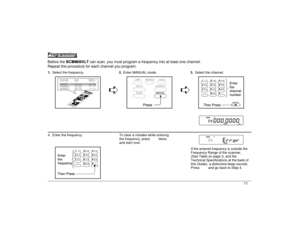 Page 11ProgrammingBefore the BC
860XLT
 can scan, you must program a frequency into at least one channel.
Repeat this procedure for each channel you program.1.Select the frequency.
2.Enter MANUAL mode.
3.Select the channel.
êê
4. Enter the frequency. To clear a mistake while entering 
the frequency, press 
.
 twice, 
and start over.
If the entered frequency is outside the
Frequency Range of the scanner, 
(See Table on page 3, and the
Technical Specifications at the back of
this Guide), a distinctive beep...