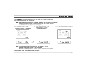 Page 31Weather Scan
Your BC860XLT is designed to search for your local NOAA weather channel(s)
from 7 preprogrammed NOAA frequencies.
Note:
It is not advisable to program a weather frequency into one of the 100 channels.
Because weather channels transmit continuously, the scanner remains 
on that channel, disrupting the scanning cycle.
1.To activate the Weather Scan:
(Be sure the Squelch is set properly)2.When the Weather Scan finds 
an active weather channel, 
it stops at that frequency.To find the next active...