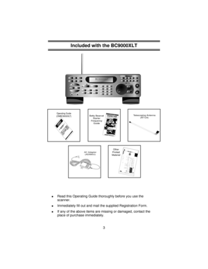 Page 3Included with the BC9000XLT
nRead this Operating Guide thoroughly before you use the
scanner.
nImmediately fill out and mail the supplied Registration Form.
nIf any of the above items are missing or damaged, contact the
place of purchase immediately.
3
COUNT AUX STATUS
PROG SEND ALPHAMEM SHIFT
LINEEXT SP
PRI TURBO        CTCSS             DATA
BRI             DIM OFF
AM NFM WFM
5KHz 12.5 KHz      25KHz
CLR 50KHz         HI-CUT
L/O                DELAY                ATT
AFB
GC
HD
IE
JFREQ
CHAN
SQUELCH...